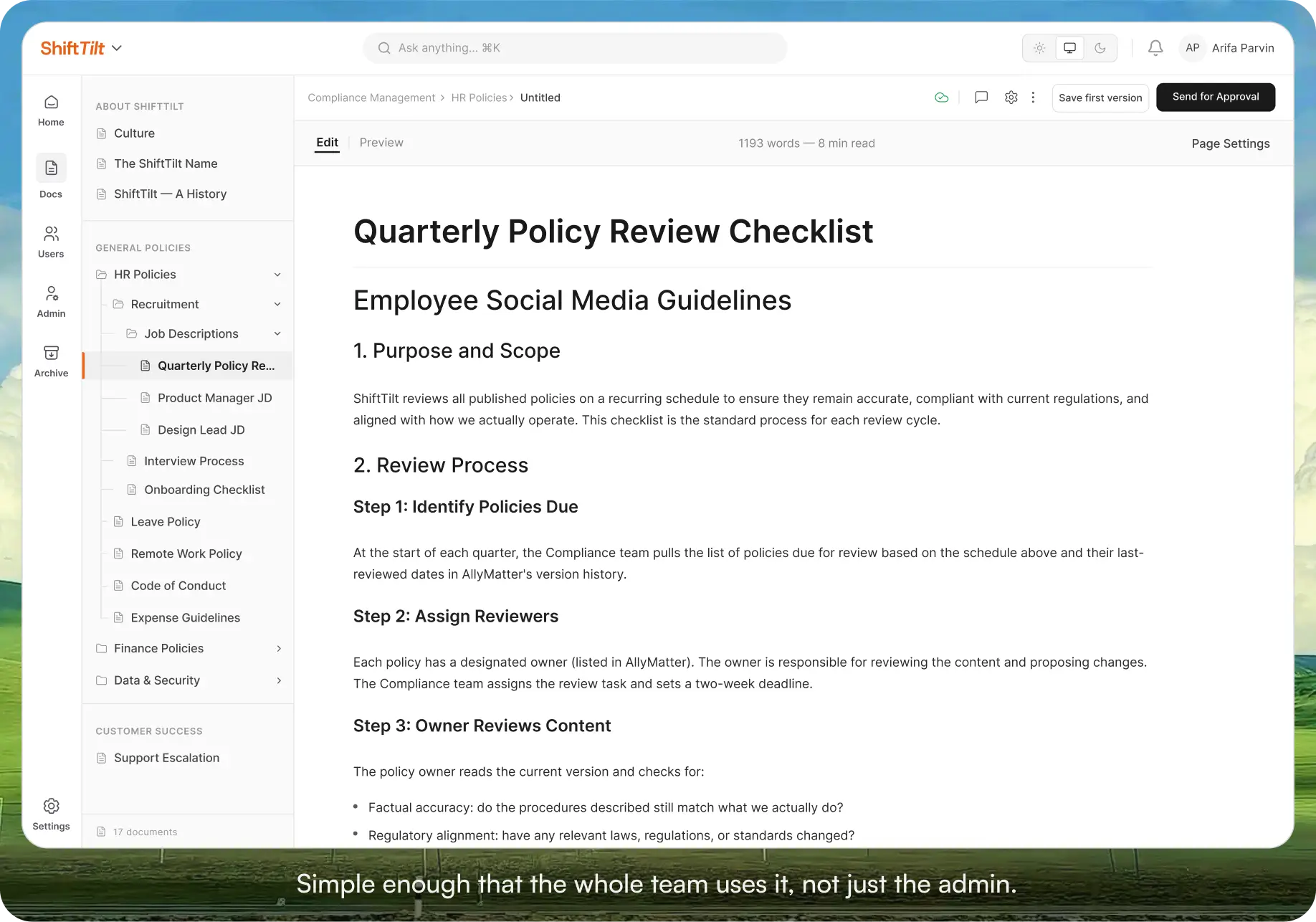 AllyMatter's ShiftTilt workspace showing a "Quarterly Policy Review Checklist" document open under HR Policies, with a structured folder hierarchy including Recruitment, Job Descriptions, Finance Policies, and Customer Success visible in the left sidebar.