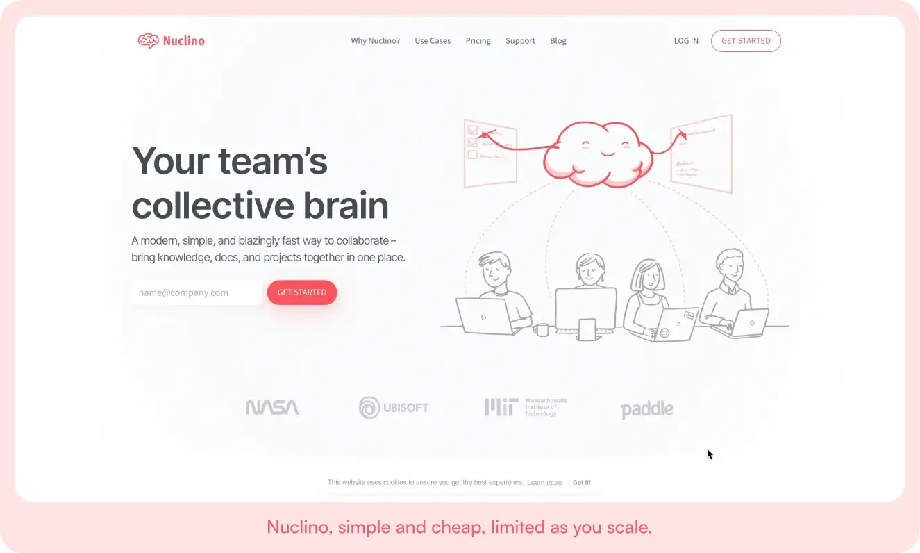 Nuclino home page describing it as a modern, simple way to bring knowledge, docs, and projects together in one place.
