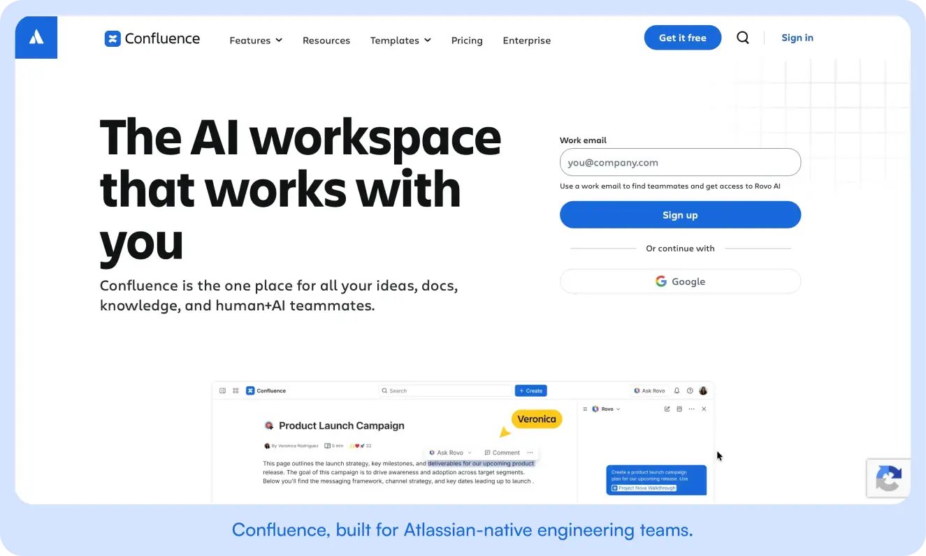 Confluence home page describing it as the AI workspace for ideas, docs, knowledge, and human and AI teammates.