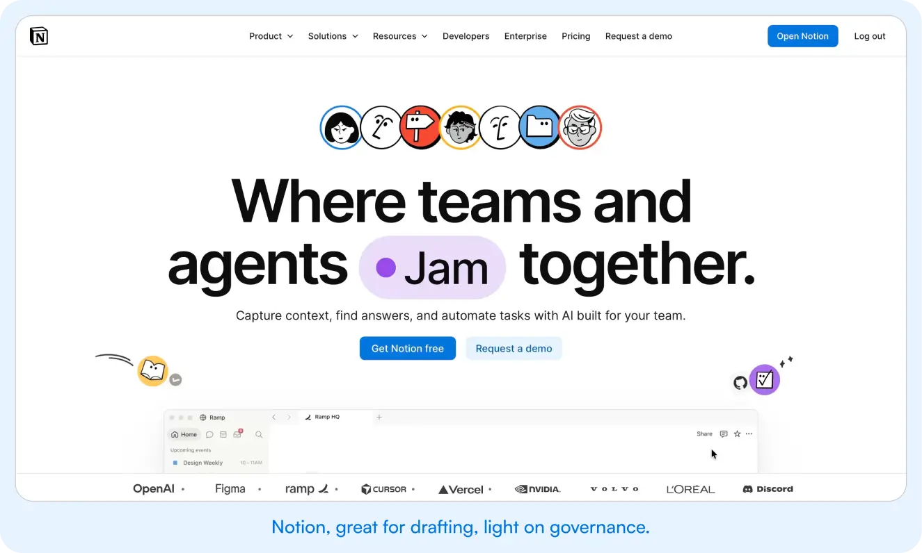 Notion home page describing it as the workspace where teams and agents jam together to capture context, find answers, and automate tasks.