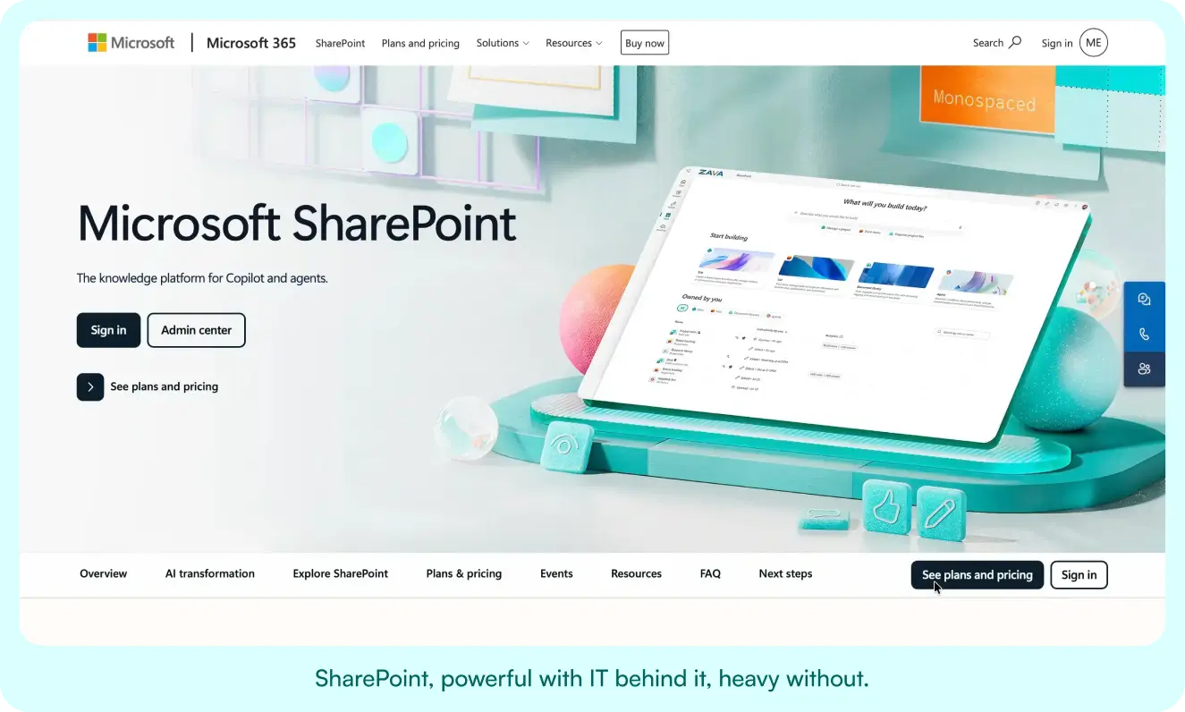 Microsoft SharePoint home page describing it as the knowledge platform for Copilot and agents.