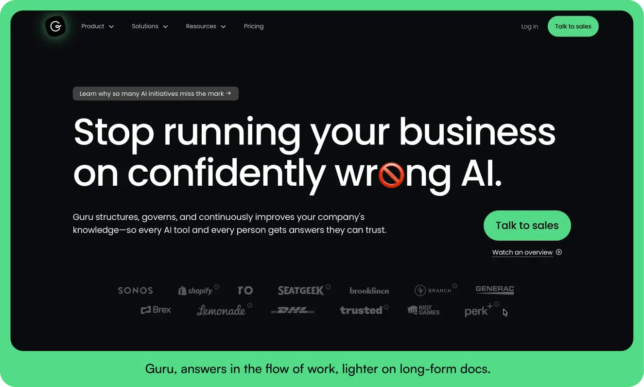 Guru home page with the headline "Stop running your business on confidently wrong AI," describing how Guru structures and governs company knowledge.