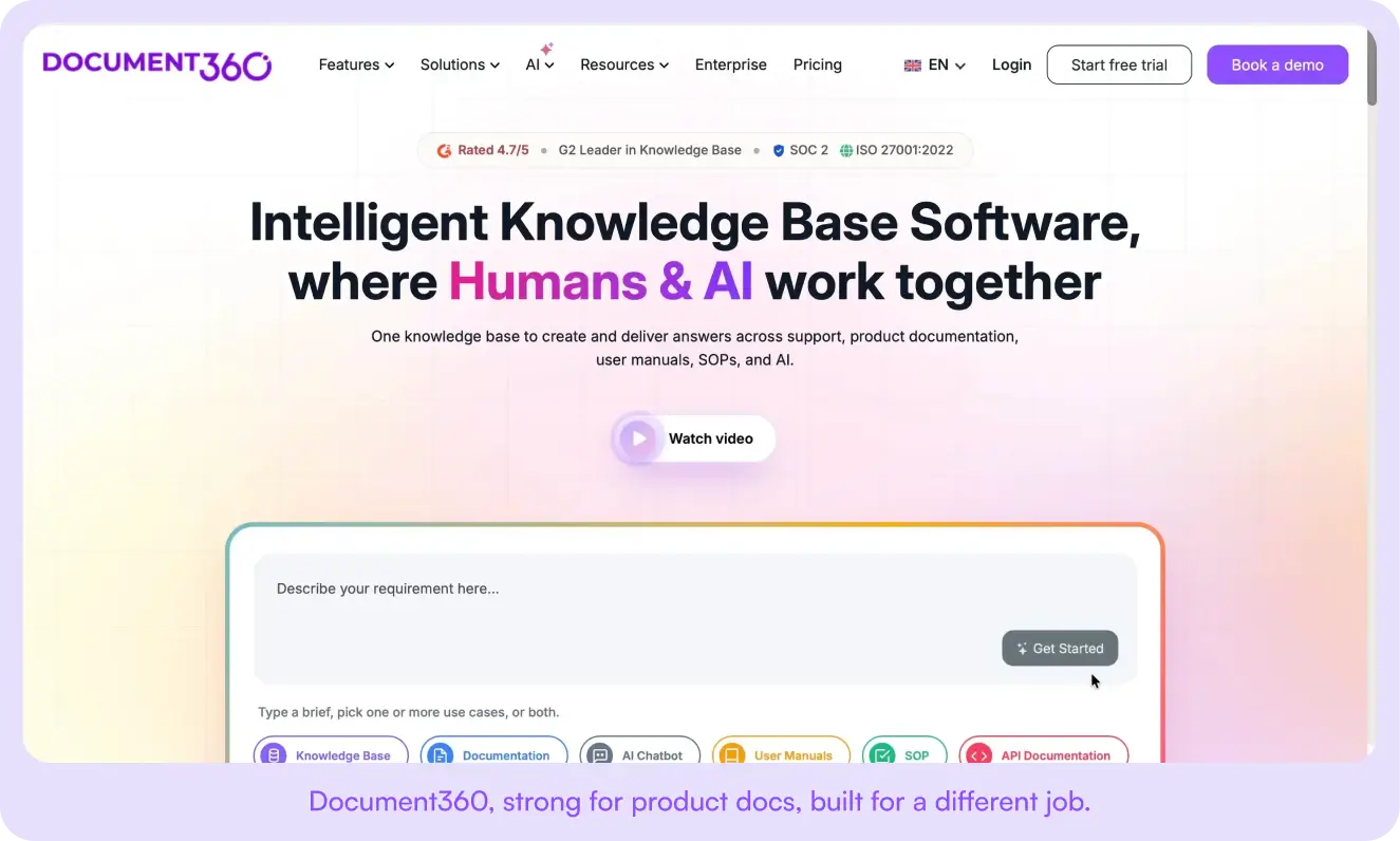 Document360 home page describing it as intelligent knowledge base software where humans and AI work together.