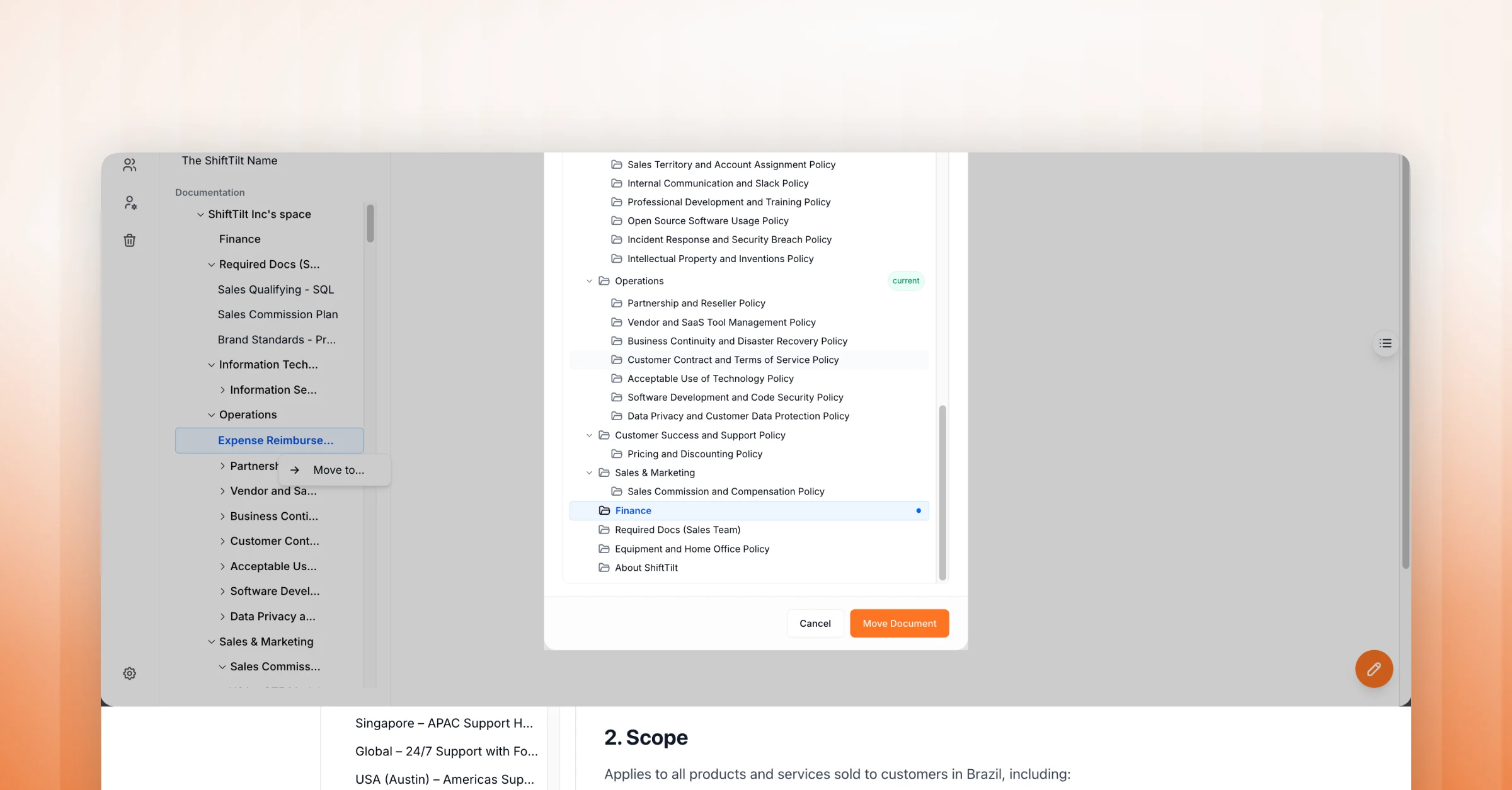 AllyMatter knowledge base showing a document being dragged from one folder to another, with a destination picker displaying the full folder hierarchy and a confirmation button to complete the move.