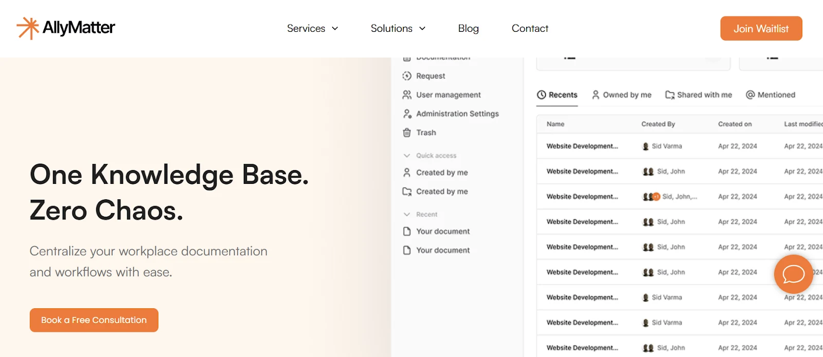 AllyMatter knowledge base platform dashboard showing document management and approval workflows for growing teams
