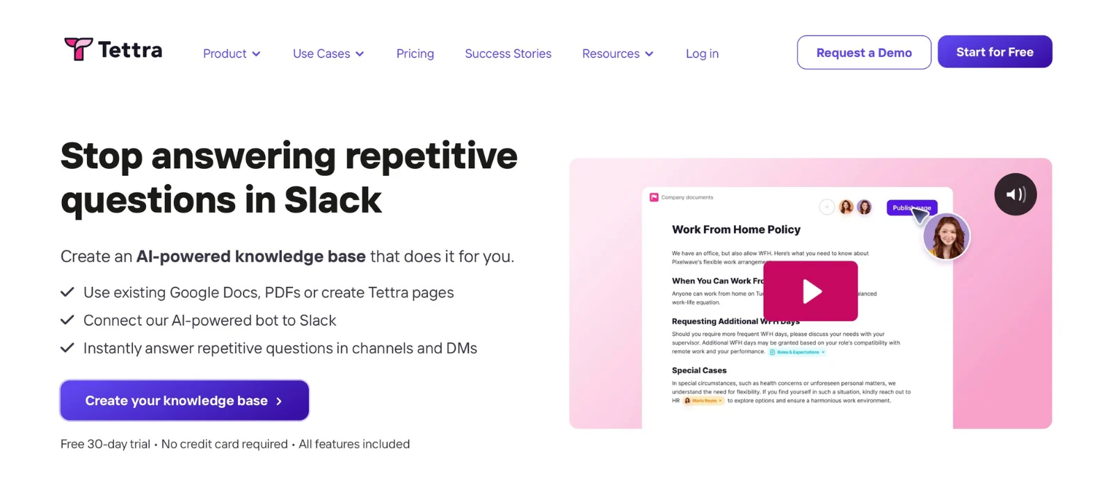 Tettra AI-powered knowledge base with Slack integration reducing repetitive team questions