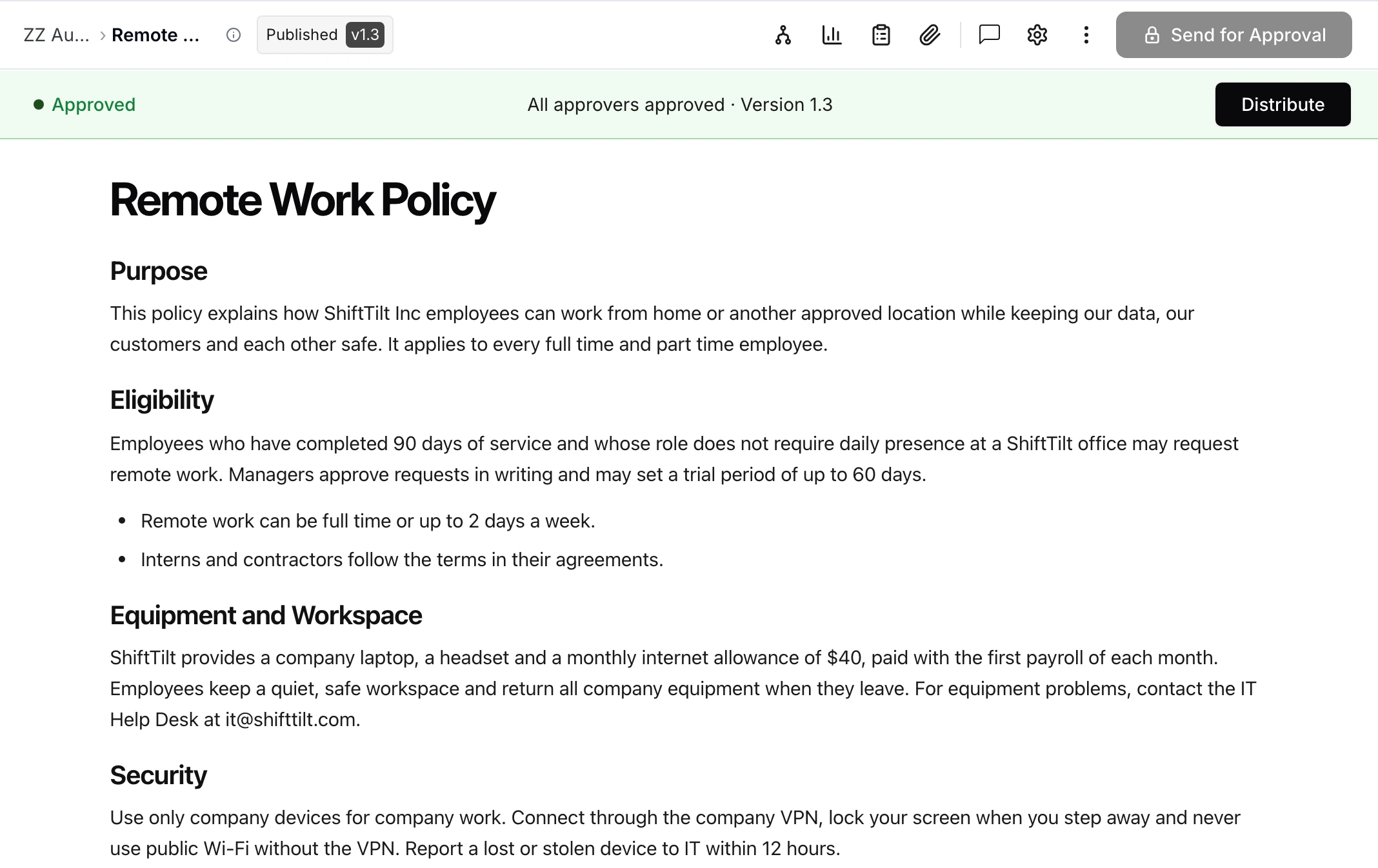 An AllyMatter policy page for the Remote Work Policy, marked Published v1.3, with a green banner reading Approved, All approvers approved, Version 1.3, and a Distribute button, above the policy's Purpose, Eligibility, Equipment and Workspace, and Security sections.