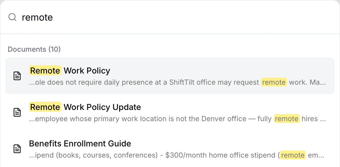 AllyMatter search for the word remote, showing Documents (10), with Remote Work Policy, Remote Work Policy Update and Benefits Enrollment Guide at the top, each with a snippet of matching text and the word remote highlighted.