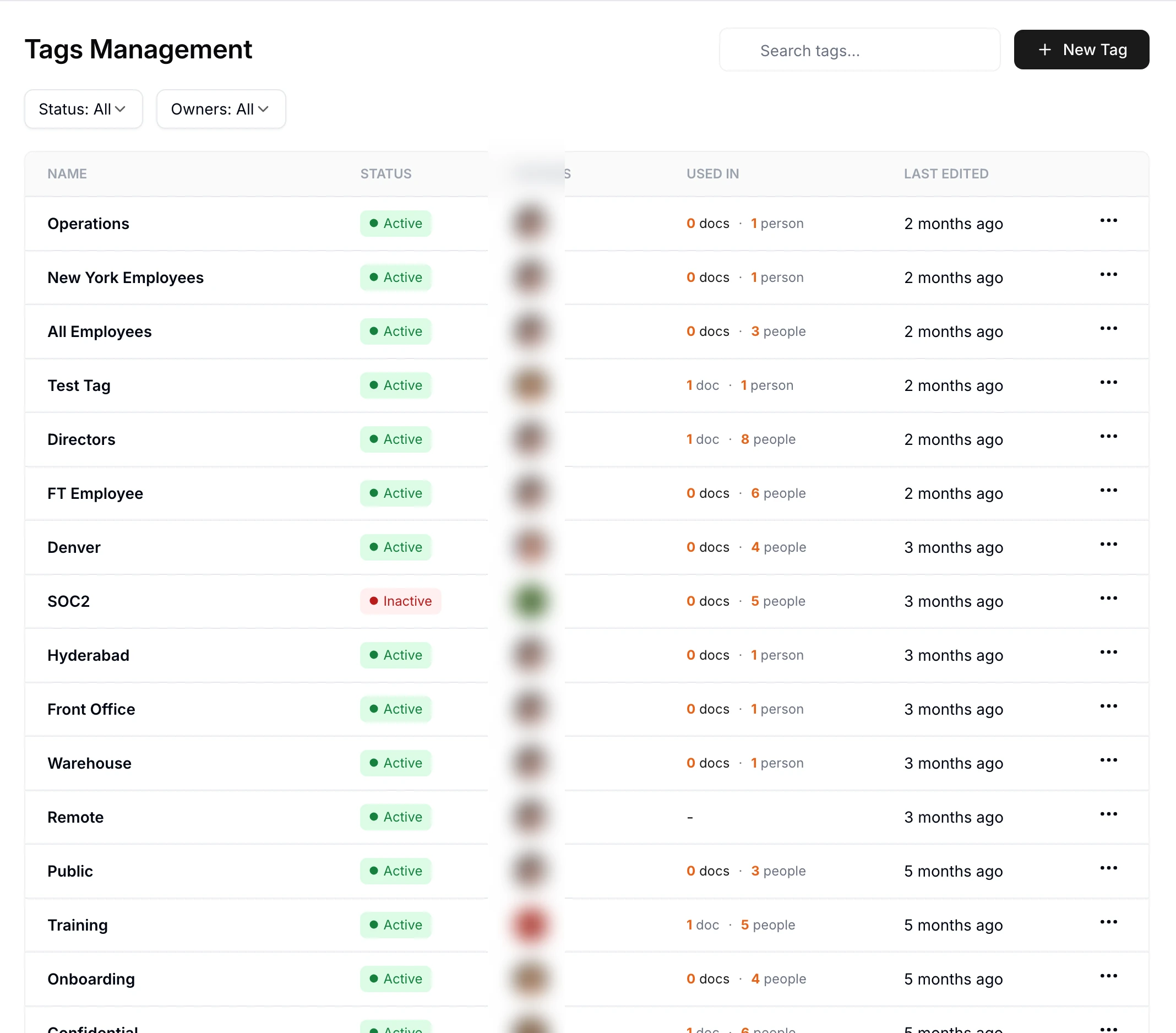 The Tags Management screen in AllyMatter, listing tags such as Operations, All Employees, Directors, Denver, Warehouse and Training, each with its status, owners, how many documents and people use it, and when it was last edited.