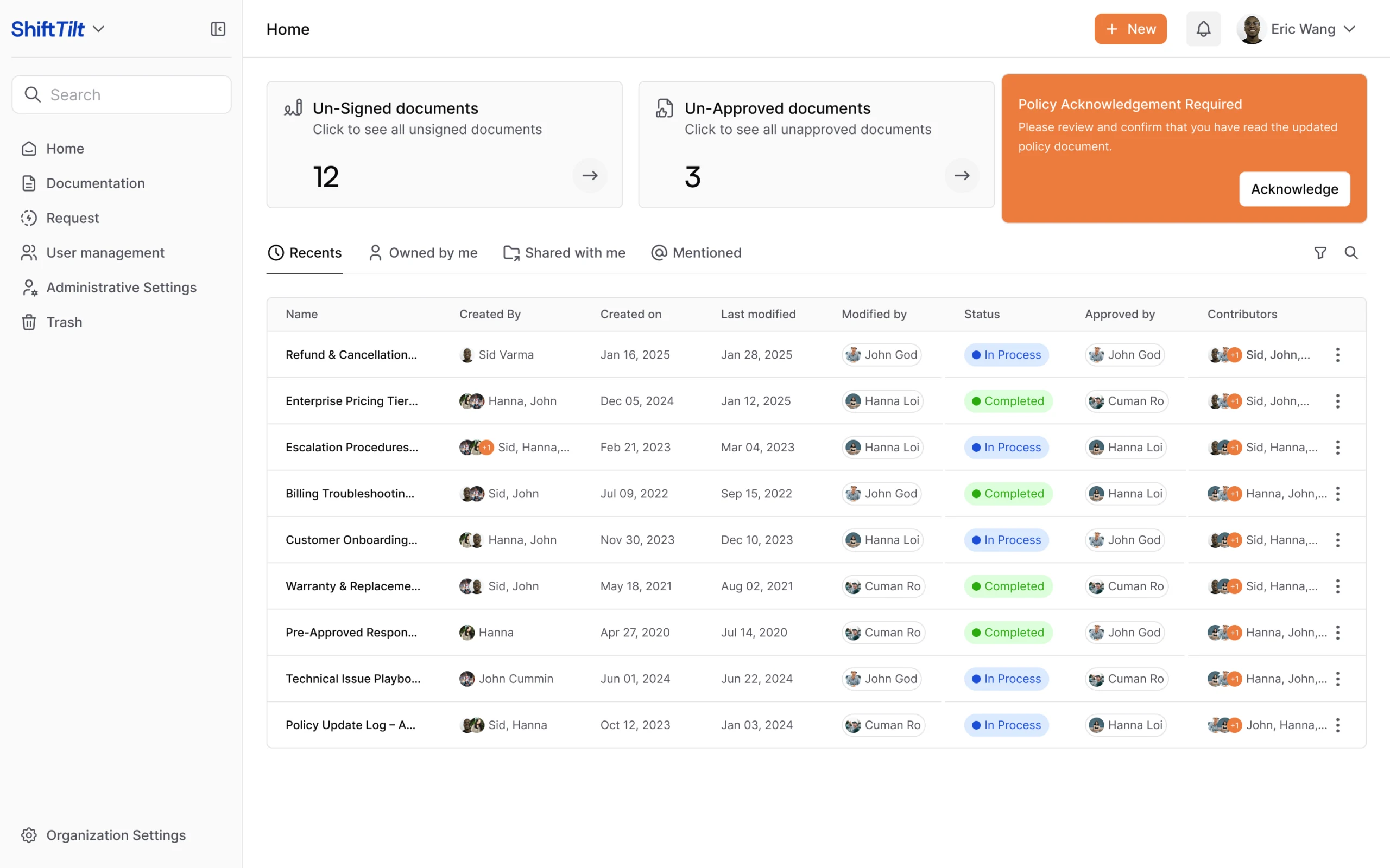 AllyMatter acknowledgment tracking dashboard displaying unsigned documents, unapproved documents, and policy acknowledgment requirements with document counts for compliance management