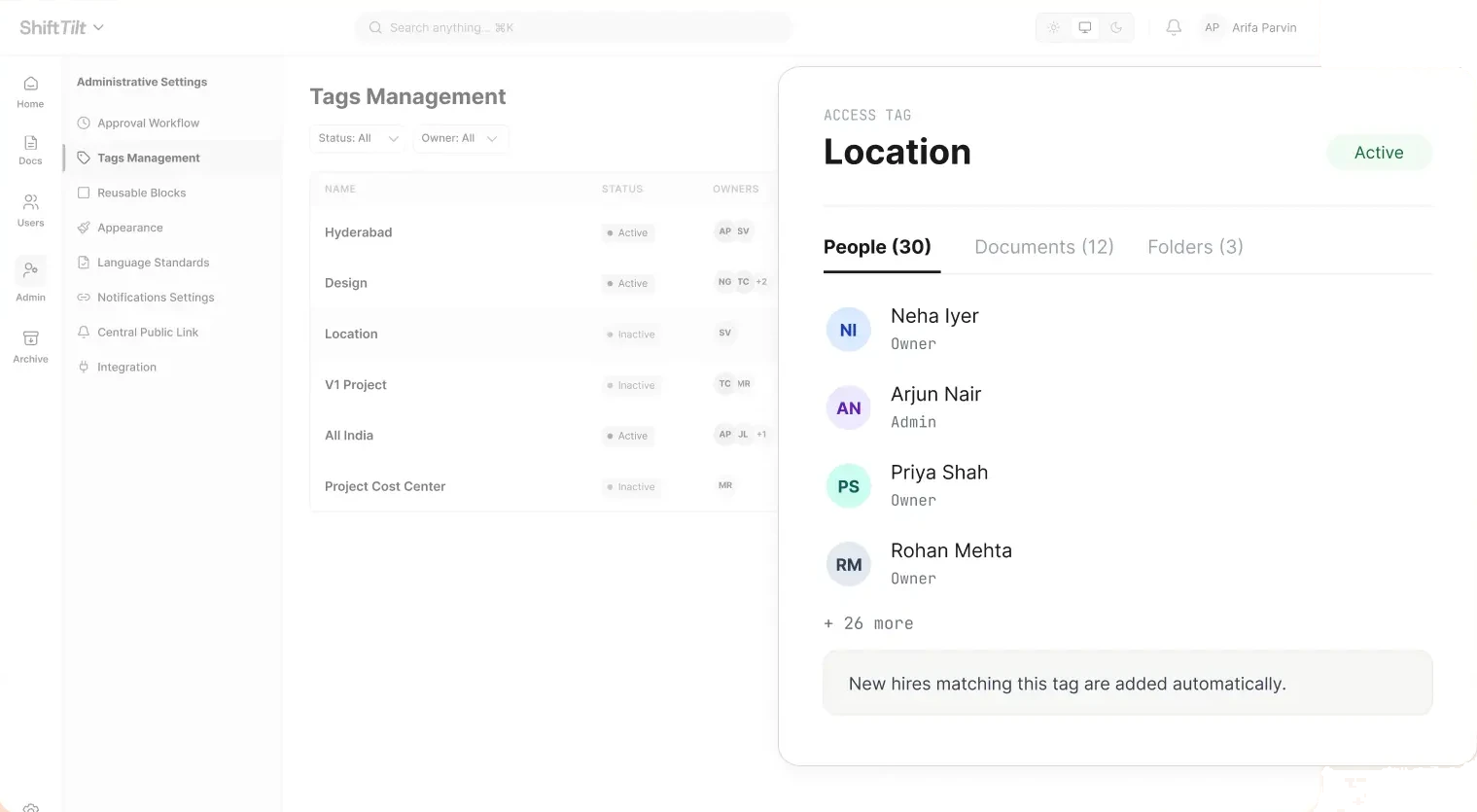 AllyMatter tags management showing a Location access tag with 30 people and a note that new hires are added automatically