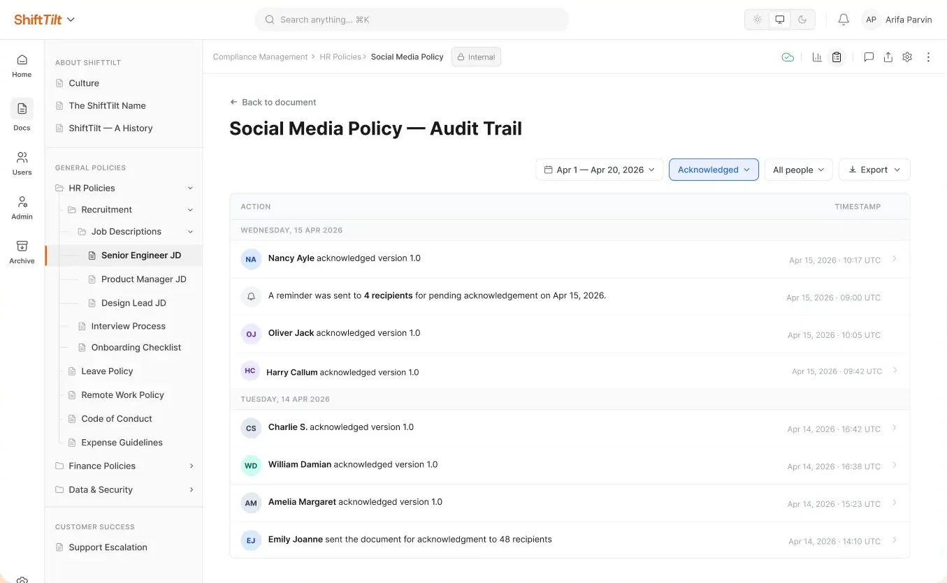 AllyMatter audit trail listing employees who acknowledged version 1.0 of a policy, each with a timestamp