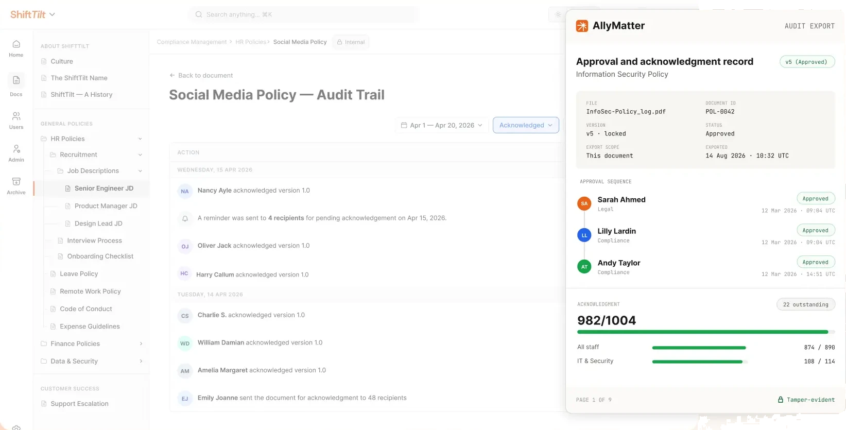 AllyMatter audit export showing an approval sequence and 982 of 1004 acknowledgments for a policy.