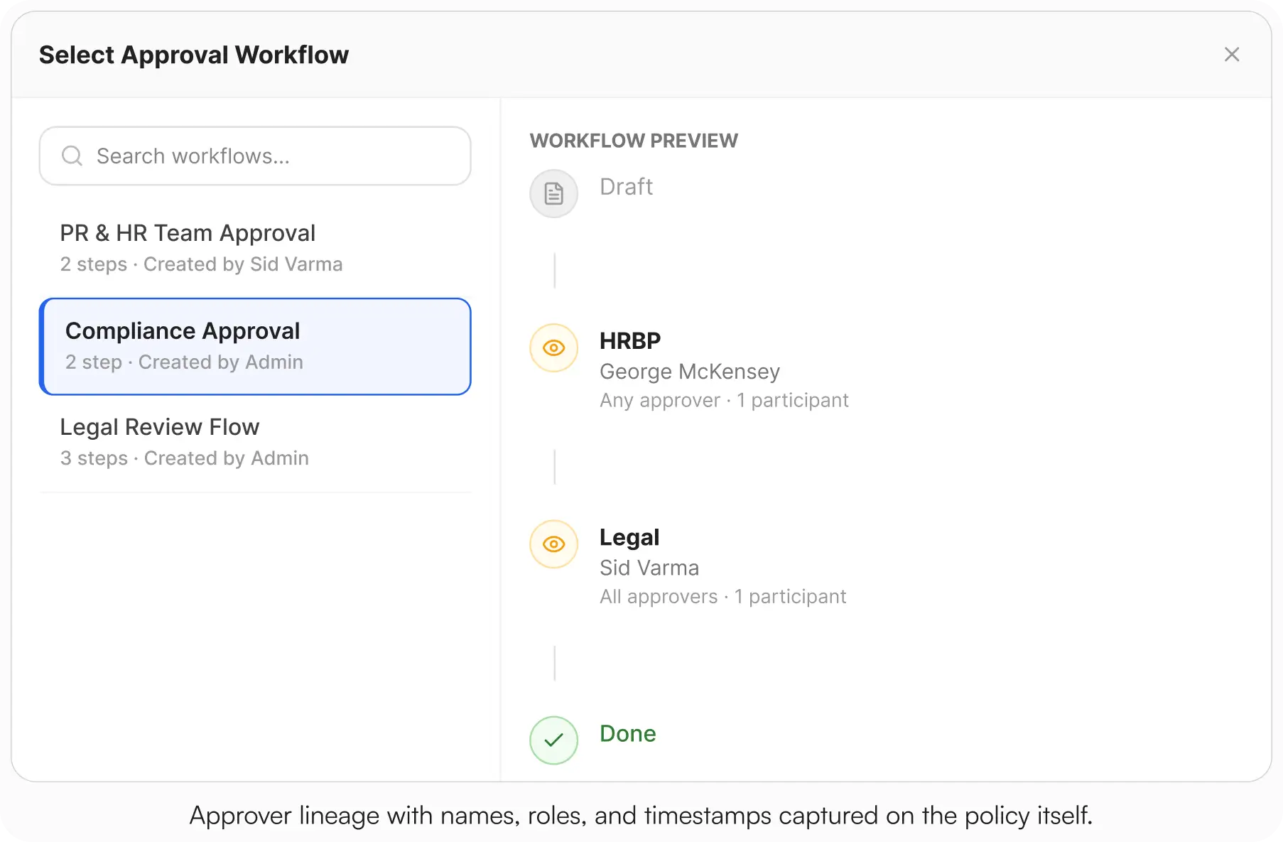 AllyMatter select approval workflow screen showing Compliance Approval selected with a two-step workflow preview: HRBP stage assigned to George McKensey and Legal stage assigned to Sid Varma, ending in Done