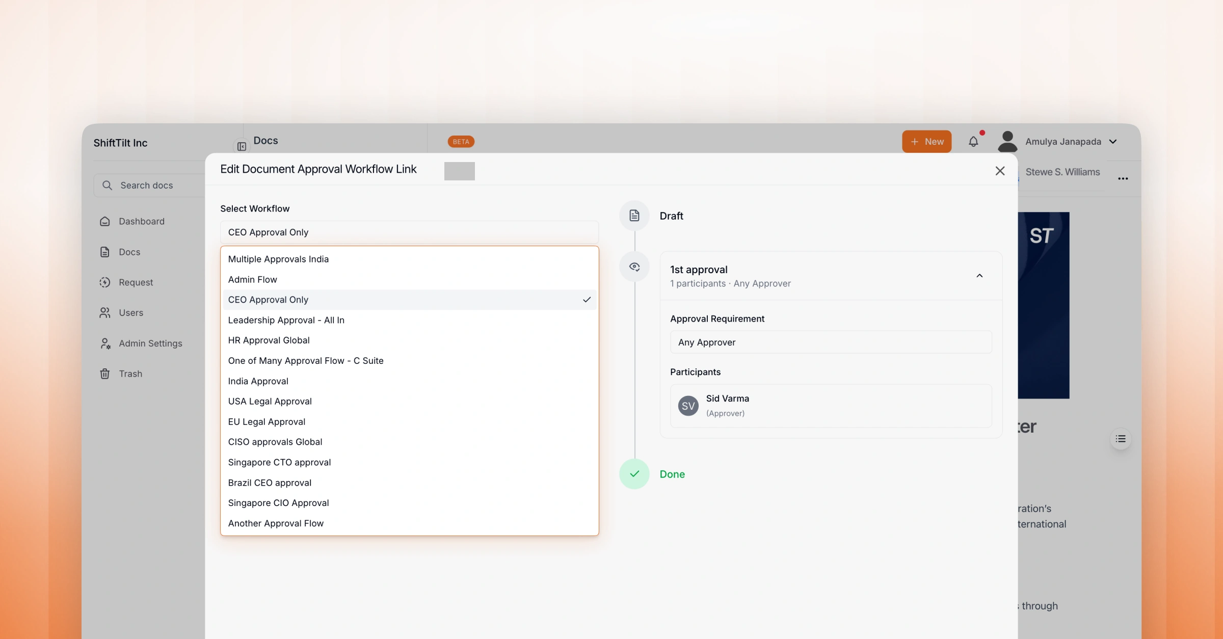 AllyMatter document approval workflow dropdown showing named, reusable workflows like CEO Approval Only and Leadership Approval, with the approval sequence and participants displayed alongside.