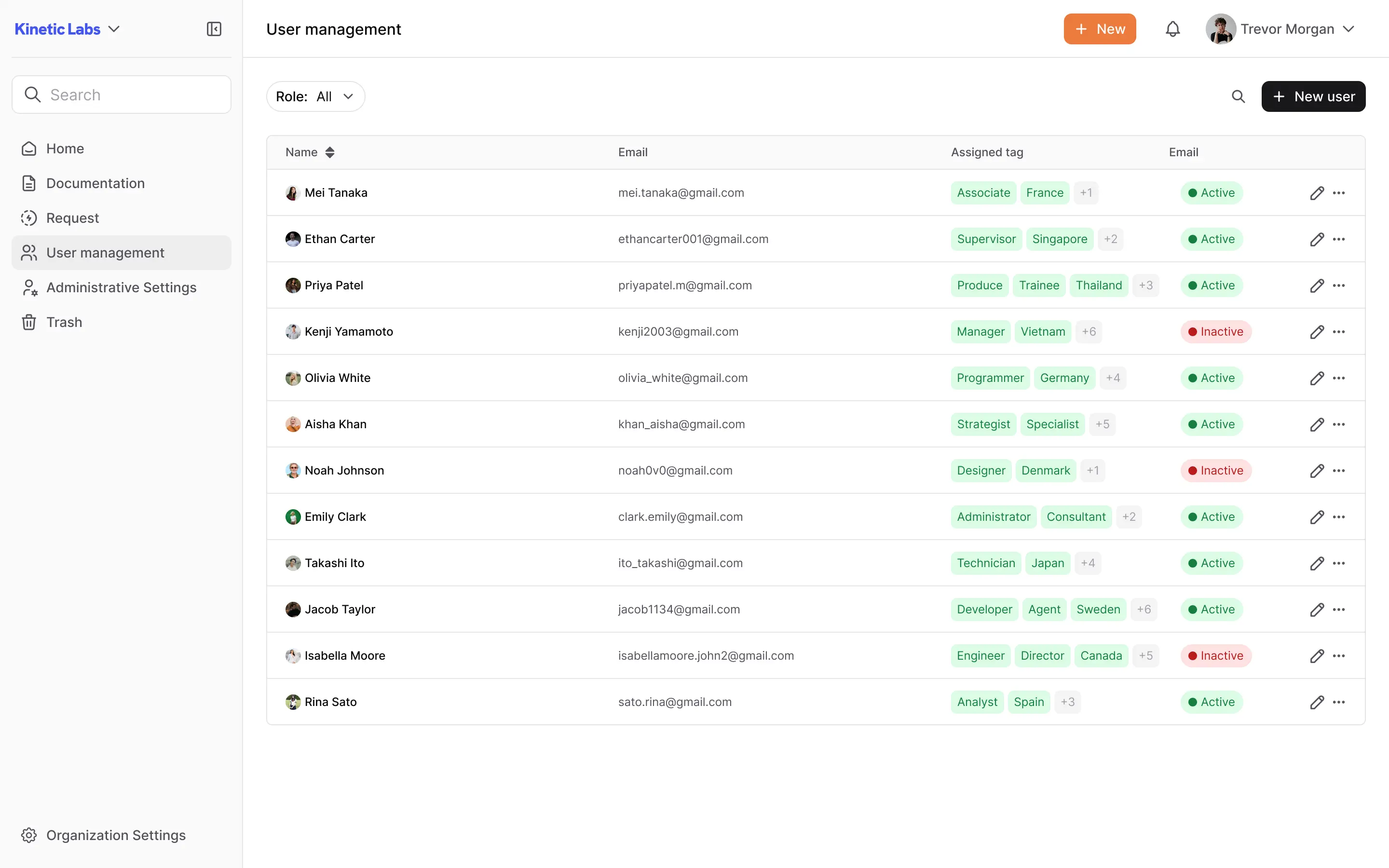 AllyMatter user management interface displaying user list with roles, tags, email addresses, and status indicators