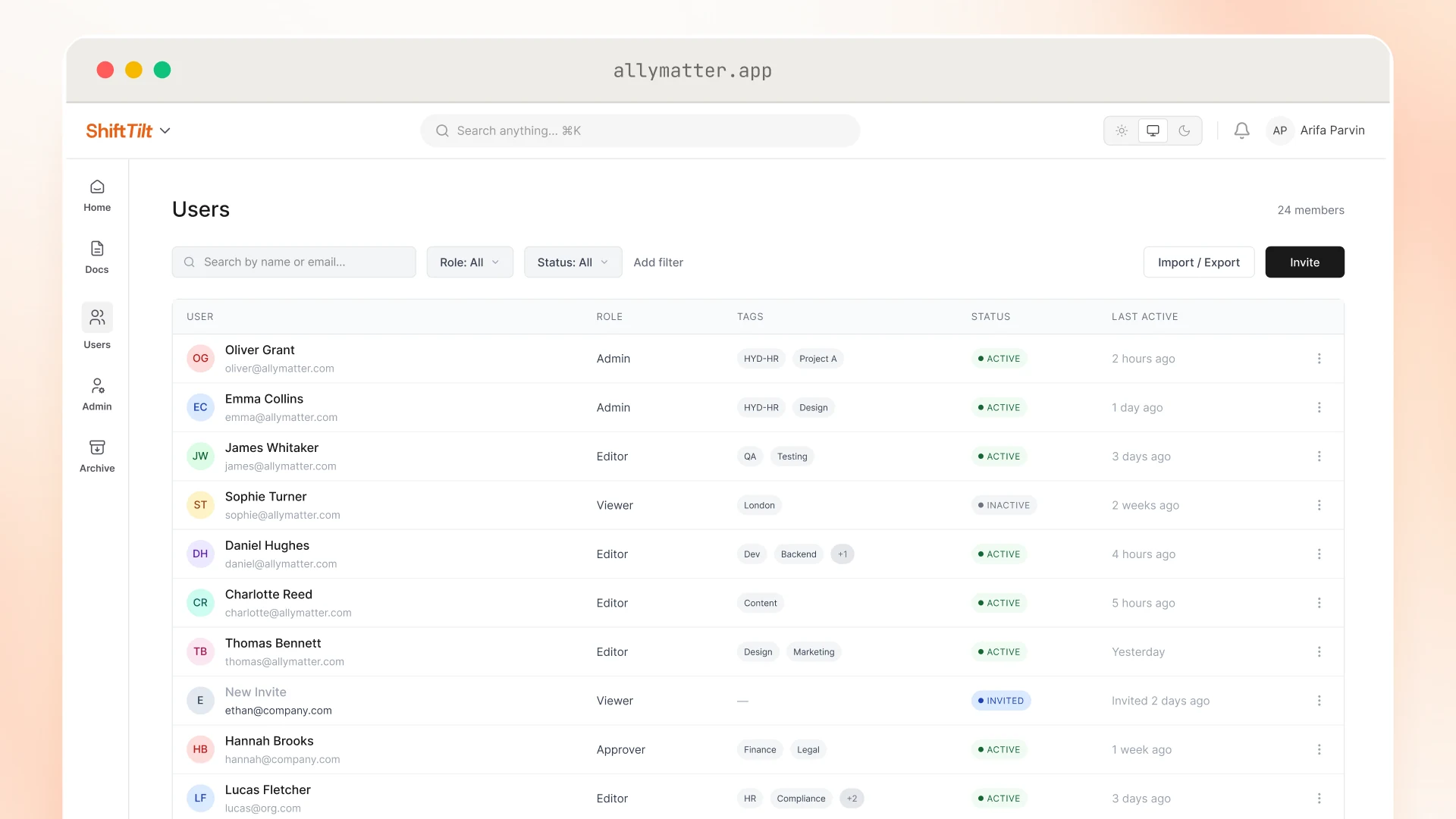 The Users page listing 24 members with each person’s role, tags, status, and last active time, plus Role and Status filters and Import / Export and Invite buttons. Most users are Active, with one Inactive viewer and one pending invite.