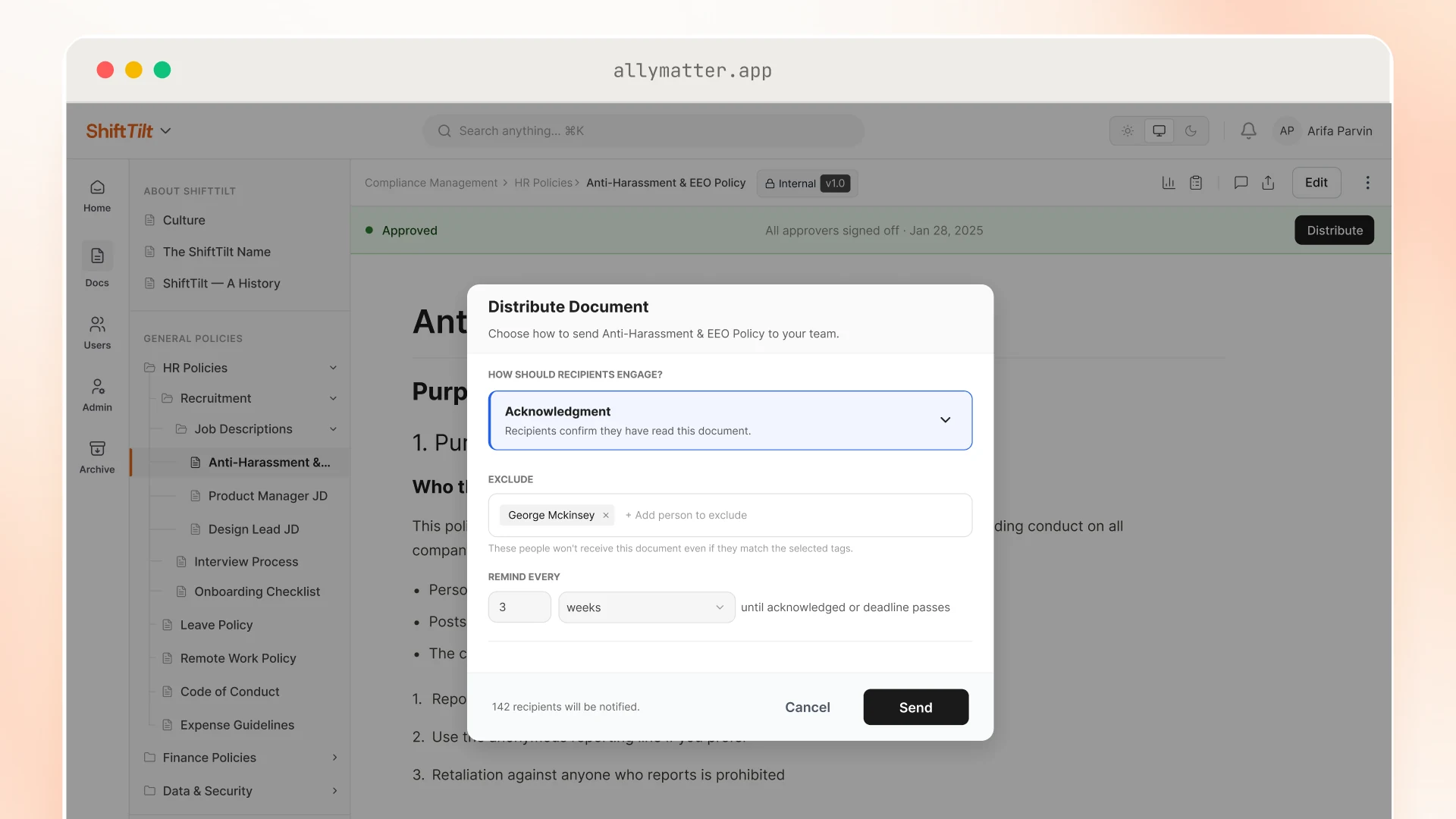 The Distribute Document window for the approved Anti-Harassment & EEO Policy, set to Acknowledgment so recipients confirm they have read it. One person is excluded, reminders repeat every 3 weeks until acknowledged or the deadline passes, and 142 recipients will be notified.
