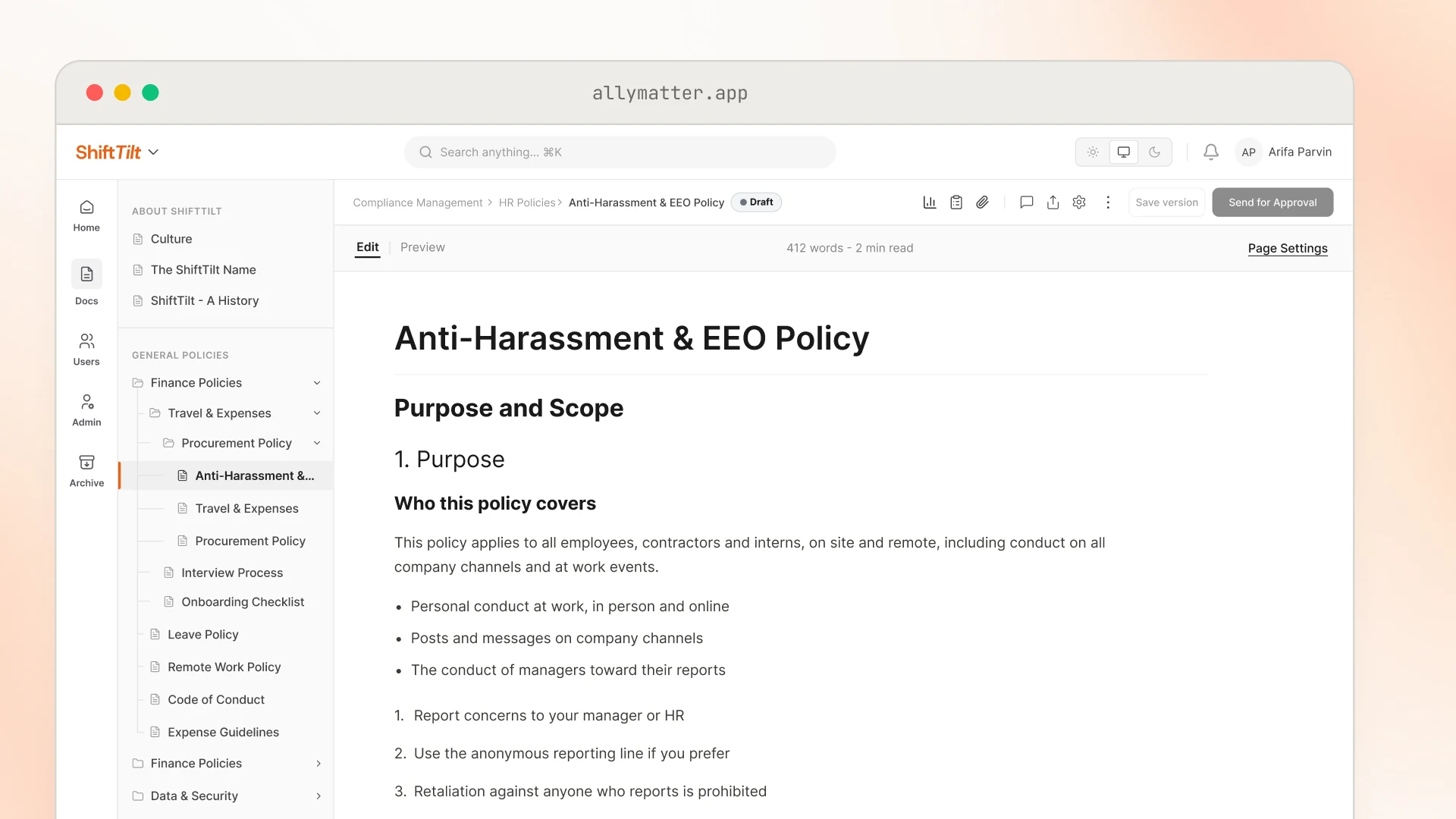 A draft of the Anti-Harassment & EEO Policy open in the AllyMatter editor, with Save version and Send for Approval buttons and a count of 412 words, 2 min read. The visible text covers who the policy applies to, what conduct it includes, and three numbered points on reporting concerns and retaliation.