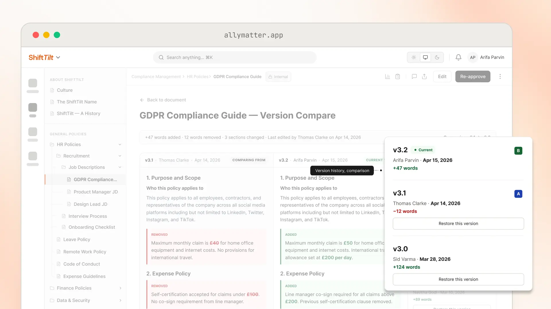 AllyMatter Version Compare screen for the GDPR Compliance Guide, showing v3.1 and v3.2 side by side. Removed text is marked in red and added text in green across the Purpose and Scope and Expense Policy sections, and a version history panel lists v3.2 as current, v3.1, and v3.0 with their word-count changes and "Restore this version" buttons.