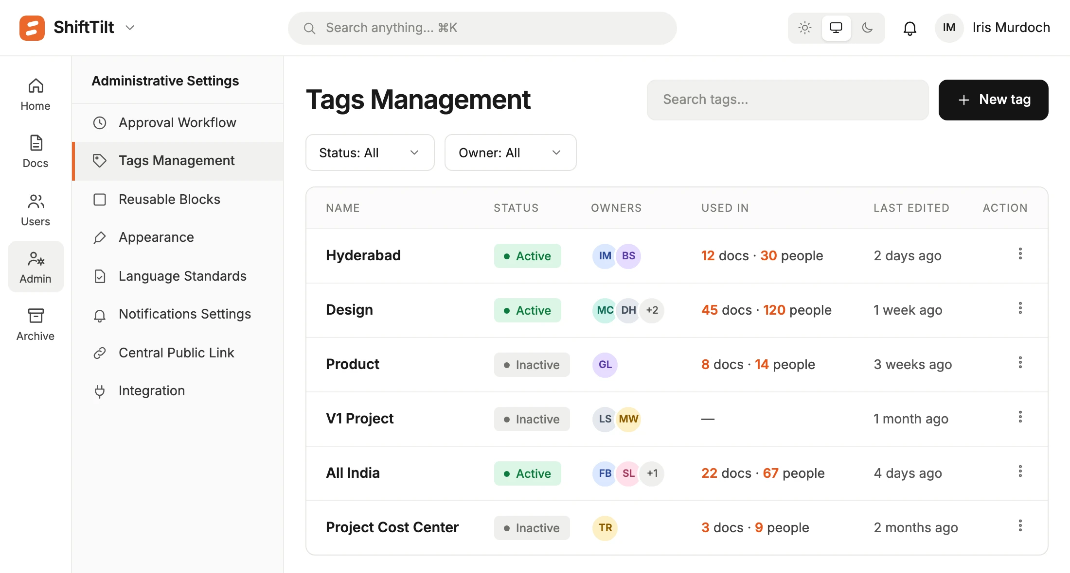 AllyMatter tags management dashboard showing active and inactive document tags with creation dates and last action tracking for organized knowledge base categorization