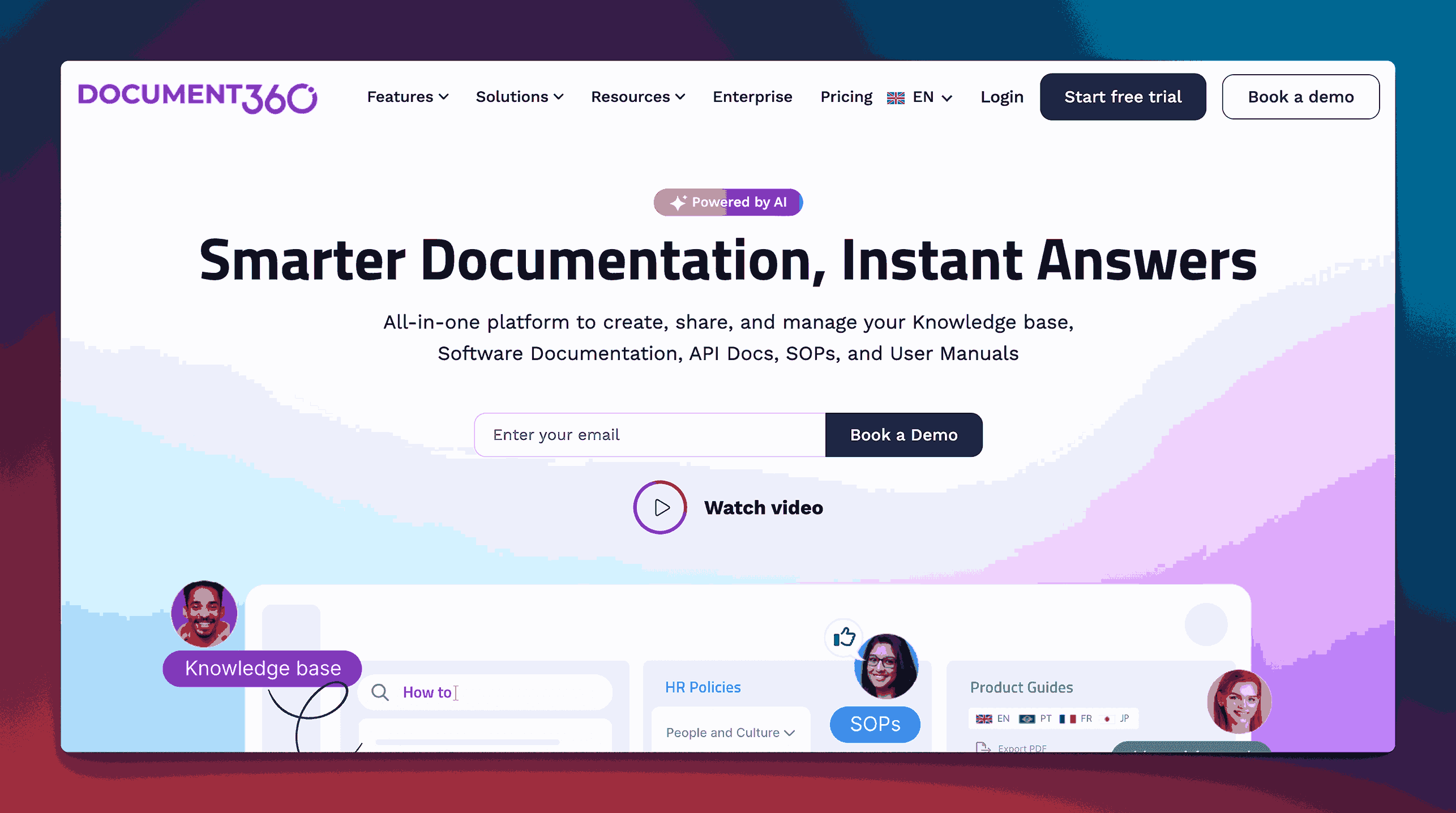 The Document360 home page, headed Smarter Documentation, Instant Answers, with an email field, a Book a Demo button and a preview of a knowledge base with HR policies.