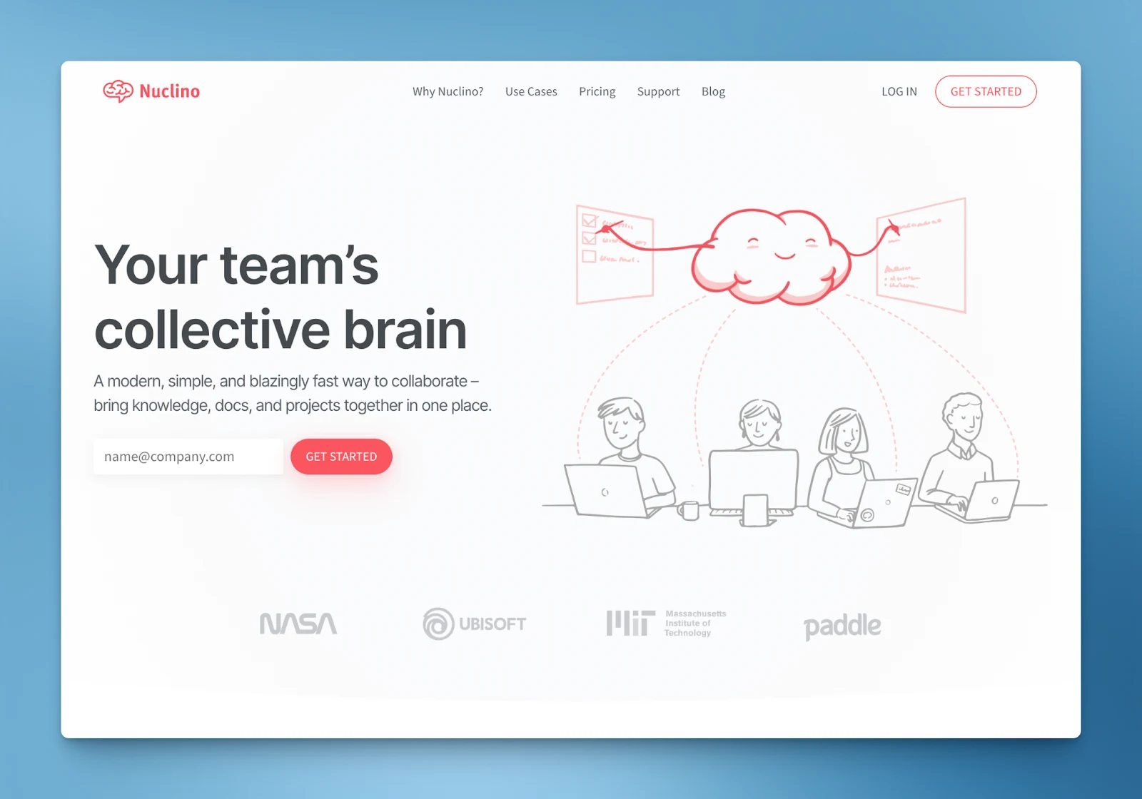 The Nuclino home page, headed Your team's collective brain, with an illustration of a team connected to a cloud.