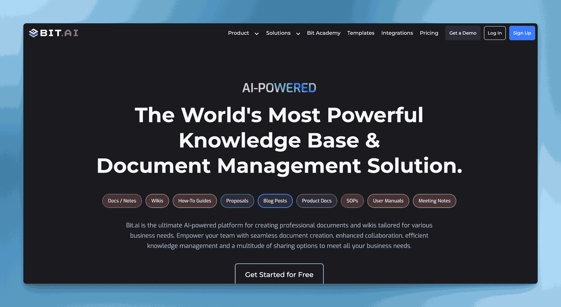 The Bit.ai home page, headed The World's Most Powerful Knowledge Base and Document Management Solution, with tags for document types and a Get Started for Free button.