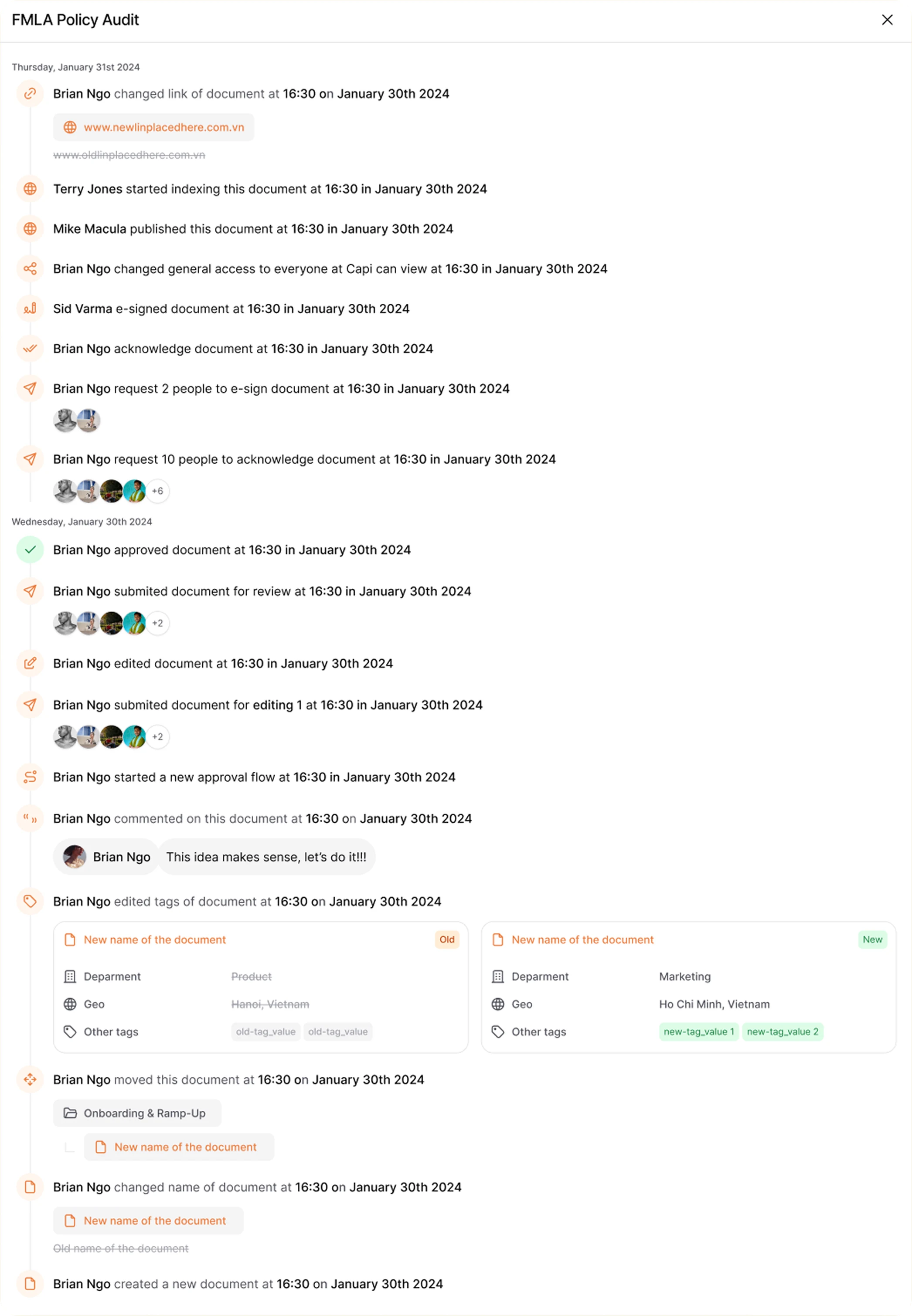 AllyMatter's comprehensive document audit trail for FMLA Policy showing chronological actions including link changes, indexing, publishing, access modifications, e-signatures, approval requests, and document editing with timestamps and user attribution.