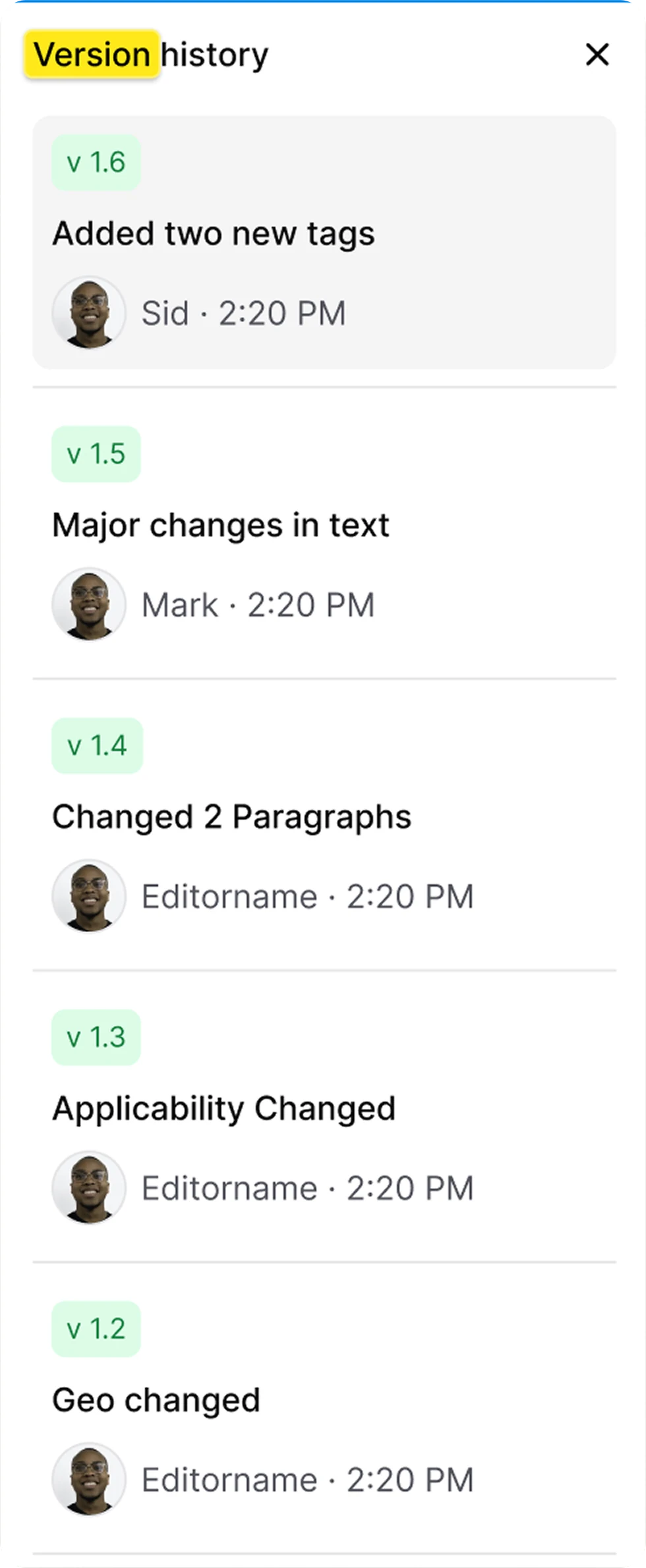 AllyMatter's version history panel displaying sequential versions (v1.2 through v1.6) with change descriptions, editor names, and timestamps for complete document evolution tracking.