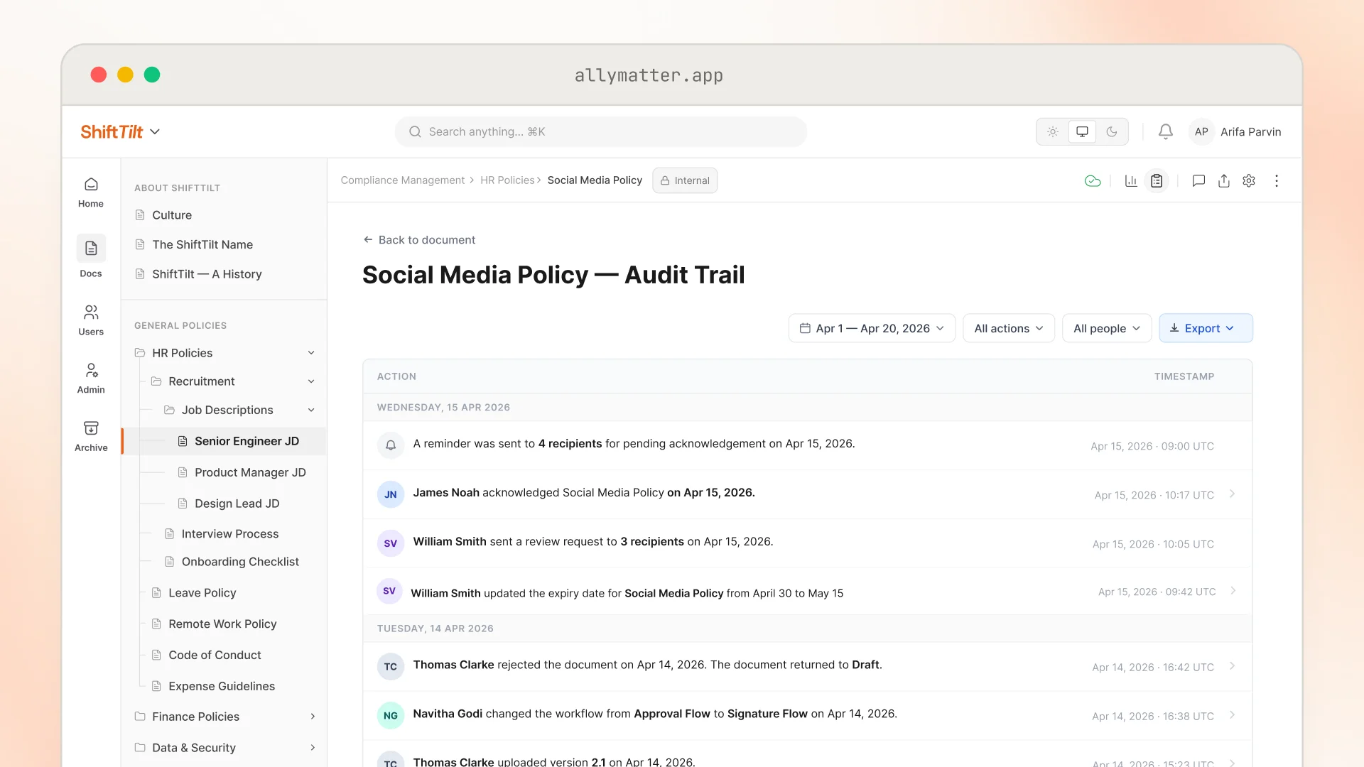 The "Social Media Policy: Audit Trail" in AllyMatter, a timestamped log of reminders, acknowledgments, review requests, expiry changes, rejections, and workflow changes, filterable by date, action, and person, with an Export option.