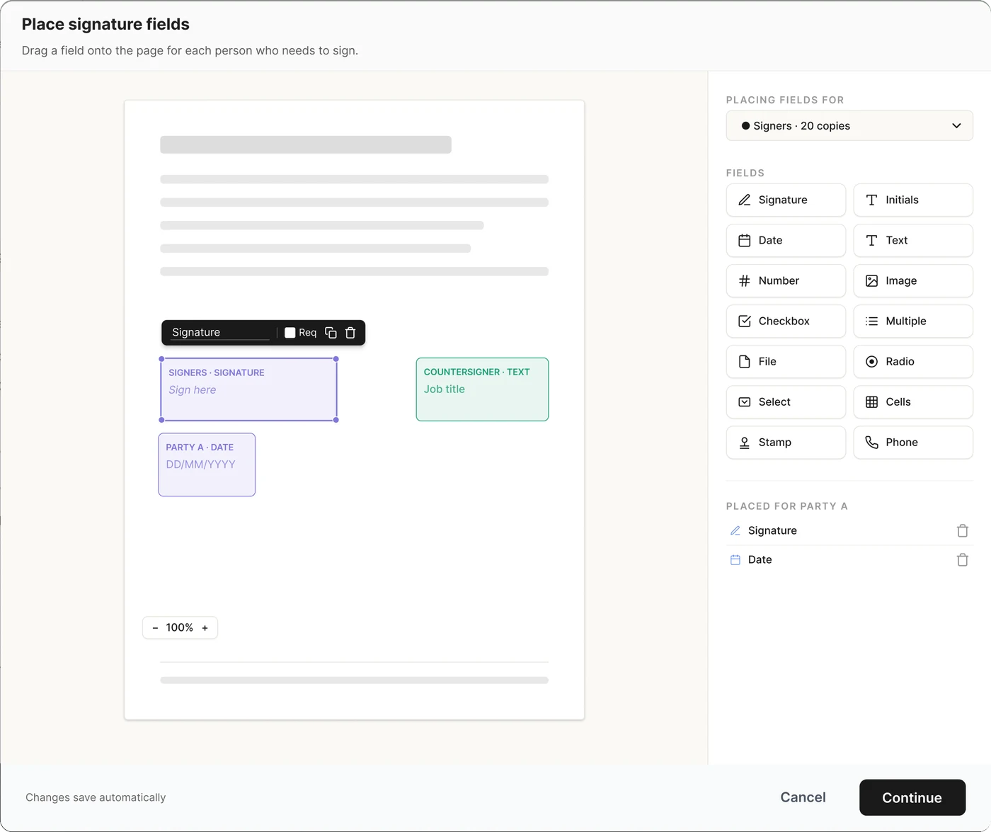 Placing signature, date and text fields on a policy for the signers and the countersigner