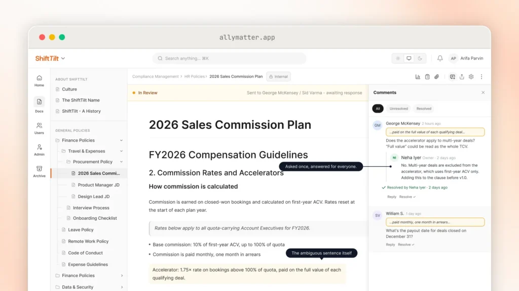 The 2026 Sales Commission Plan in review with the Comments panel open, where George McKensey asks whether the accelerator applies to multi-year deals. Neha Iyer's resolved reply says multi-year deals are excluded, and a callout marks the highlighted accelerator sentence as "The ambiguous sentence itself."