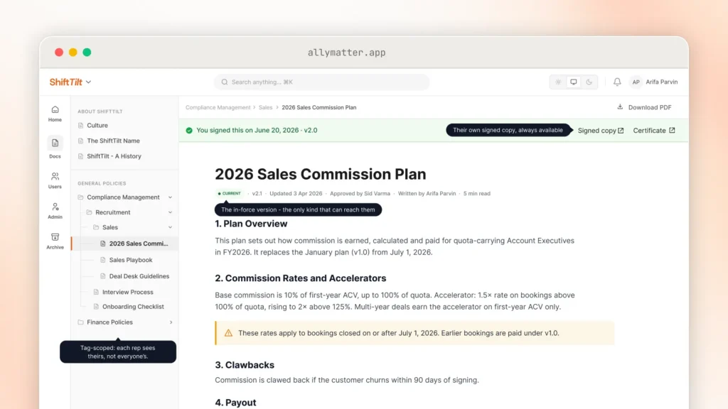 A rep's view of the current 2026 Sales Commission Plan, with a banner reading "You signed this on June 20, 2026 · v2.0" and links to the signed copy and certificate. The plan lists the new commission rates, a note that they apply to bookings closed on or after July 1, 2026, and a 90-day clawback.