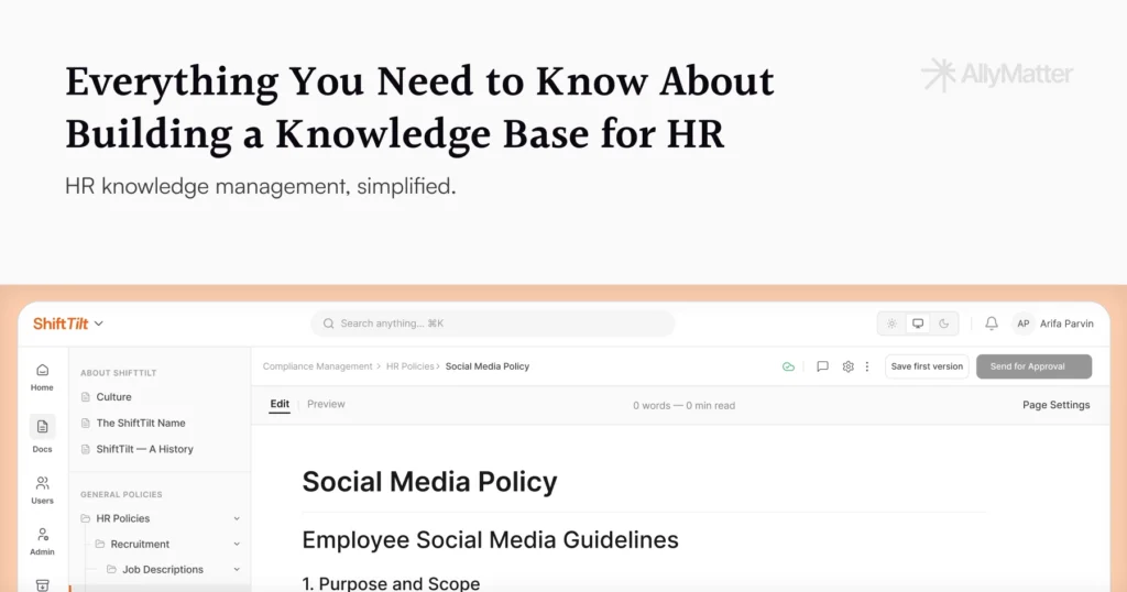 AllyMatter blog banner showing the title 'Everything You Need to Know About Building a Knowledge Base for HR' with the subheading 'HR knowledge management, simplified,' alongside a screenshot of the AllyMatter interface displaying a Social Media Policy document open under Compliance Management and HR Policies in the left navigation.