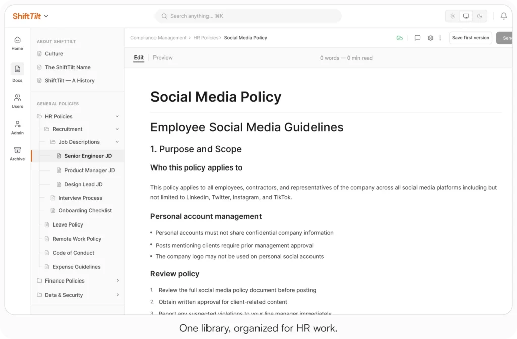 AllyMatter interface showing a Social Media Policy document open under Compliance Management, HR Policies, with a left sidebar displaying a structured folder hierarchy including Recruitment, Job Descriptions, Leave Policy, Remote Work Policy, Code of Conduct, Finance Policies, and Data and Security. The document shows sections for Employee Social Media Guidelines, Purpose and Scope, Personal Account Management, and Review Policy. A caption at the bottom reads 'One library, organized for HR work.'