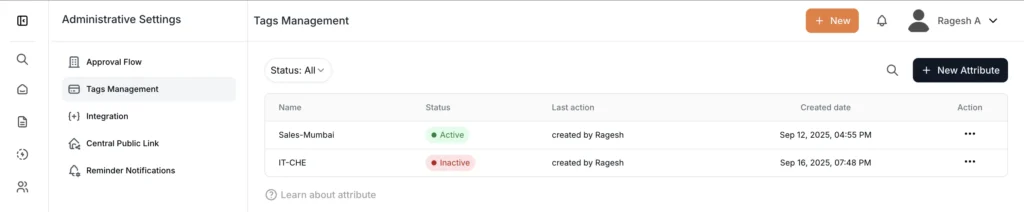 AllyMatter tags management dashboard showing active and inactive document tags with creation dates and last action tracking for organized knowledge base categorization