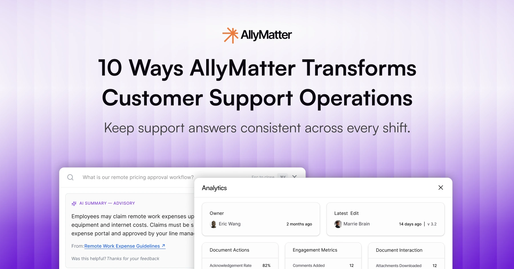 AllyMatter customer support knowledge base article banner showing product search interface and document analytics panel