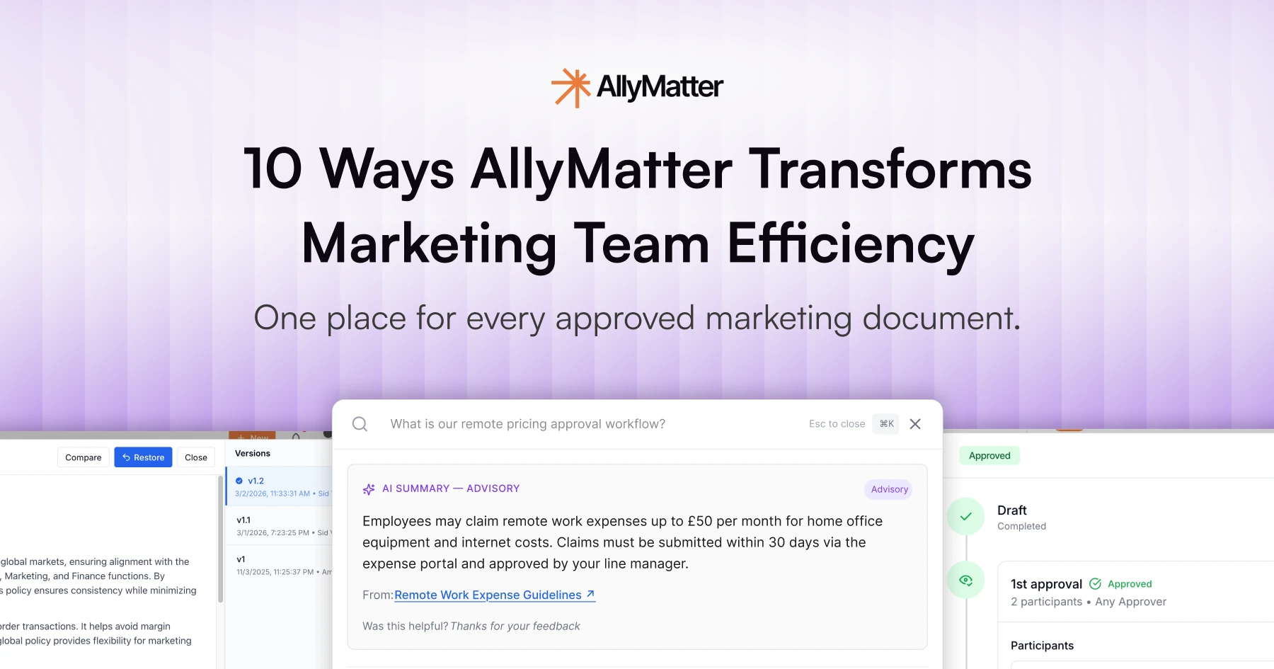 Banner image for AllyMatter blog post on 10 ways to improve marketing team efficiency with centralized knowledge management