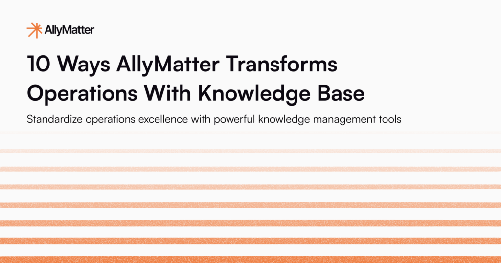 AllyMatter blog header featuring the title '10 Ways AllyMatter Transforms Operations With Knowledge Base' with subtitle 'Standardize operations excellence with powerful knowledge management tools' on gradient orange background