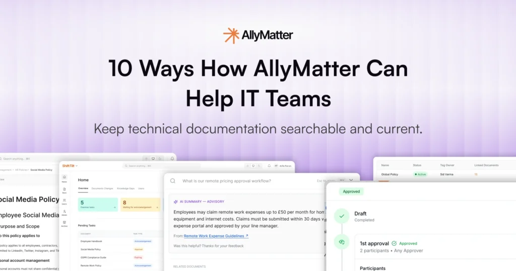 AllyMatter blog banner for 10 Ways AllyMatter Can Help IT Teams showing the platform's search, dashboard, and approval workflow interfaces.