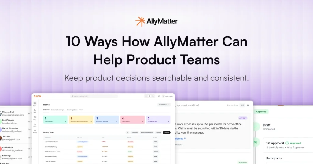 AllyMatter knowledge management platform for product teams showing search, approvals, and acknowledgment tracking in one place