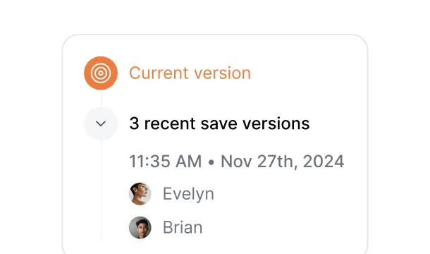 AllyMatter version control showing current document version with recent save history by Evelyn and Brian, demonstrating granular access control and audit trail features