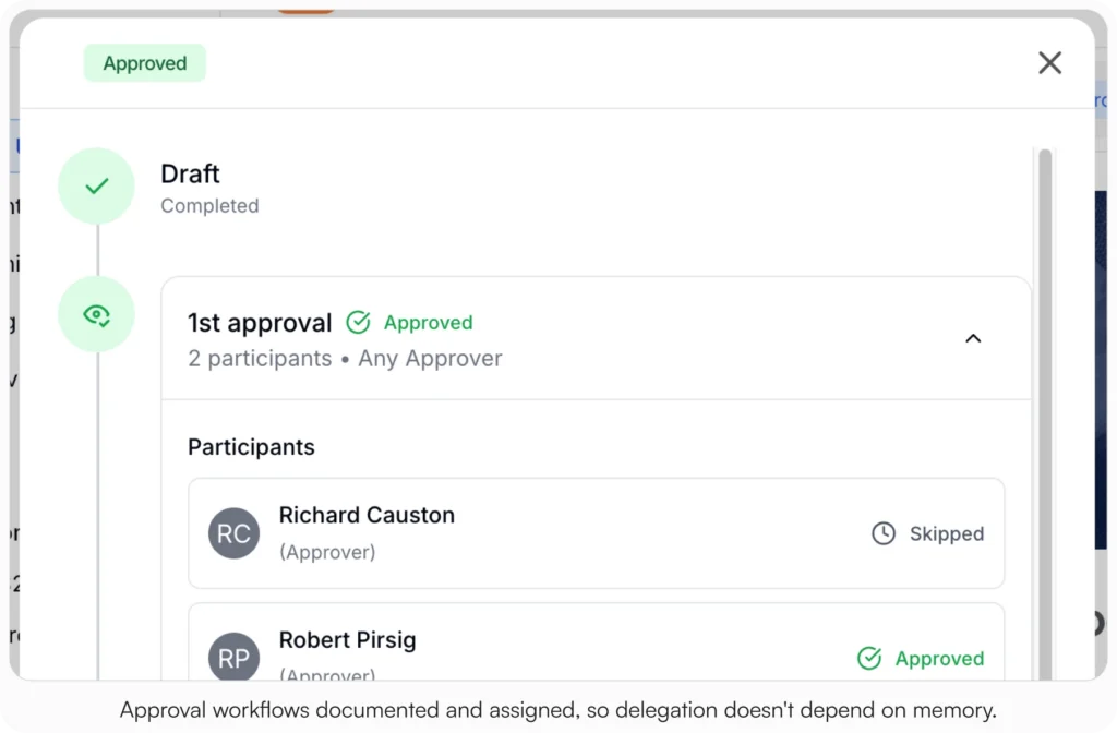 AllyMatter approval workflow showing draft completed and first approval stage with participant statuses for document governance