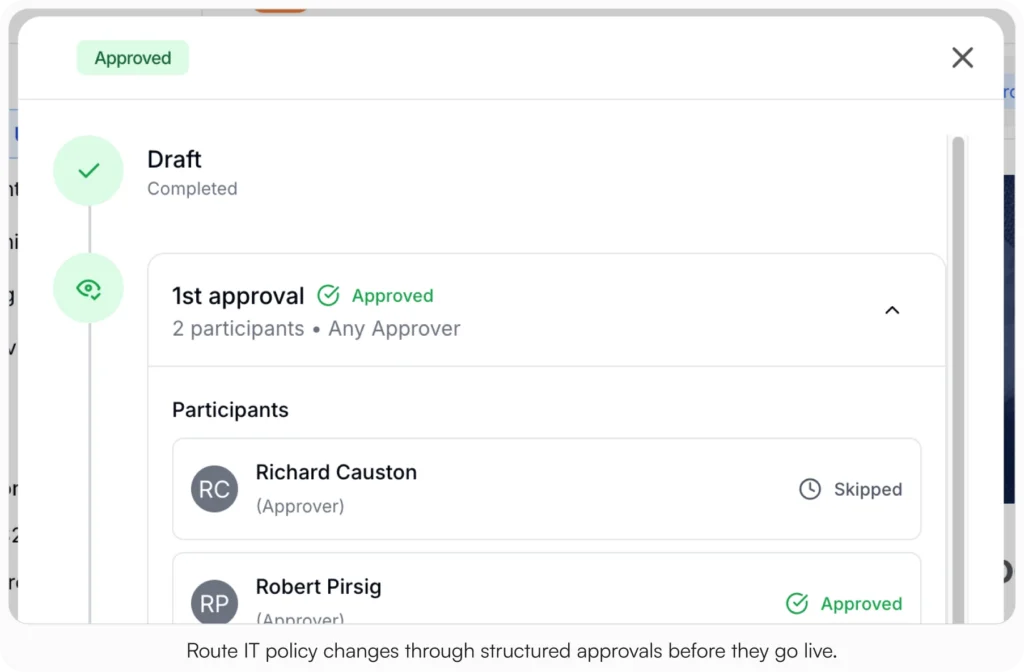 AllyMatter approval workflow dialog showing a completed draft stage and an approved first approval step with participant review status visible.