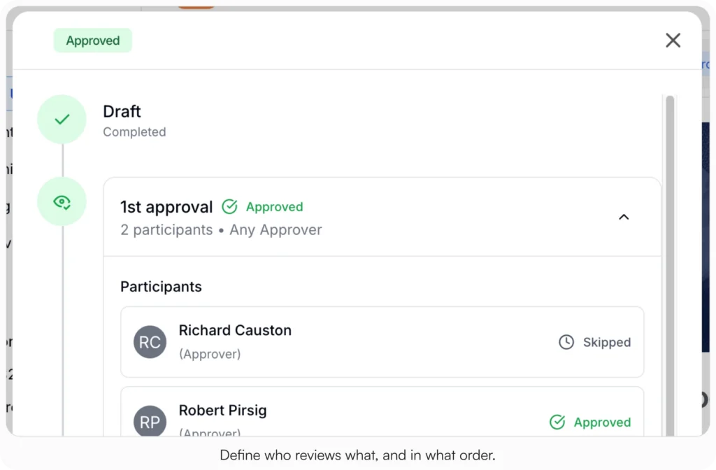 AllyMatter Approval Workflow for Product Documentation
Alt text: AllyMatter approval workflow showing completed draft stage and first approval stage with individual participant statuses