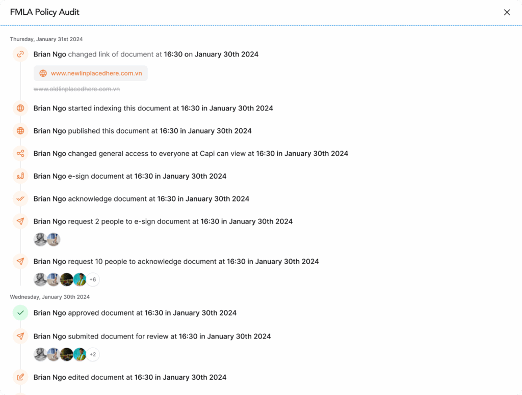 AllyMatter's comprehensive audit trail showing document edits, approvals, comments, and tag changes made by Brian Ngo, providing complete visibility into sales documentation history.
