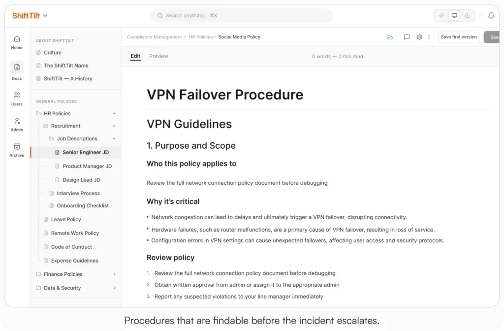AllyMatter document editor open on a VPN failover procedure document with guidelines, review steps, and folder navigation visible.
