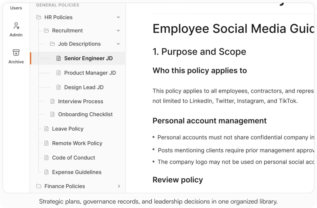 AllyMatter document library showing HR policies folder structure with category sidebar and policy document open in main panel