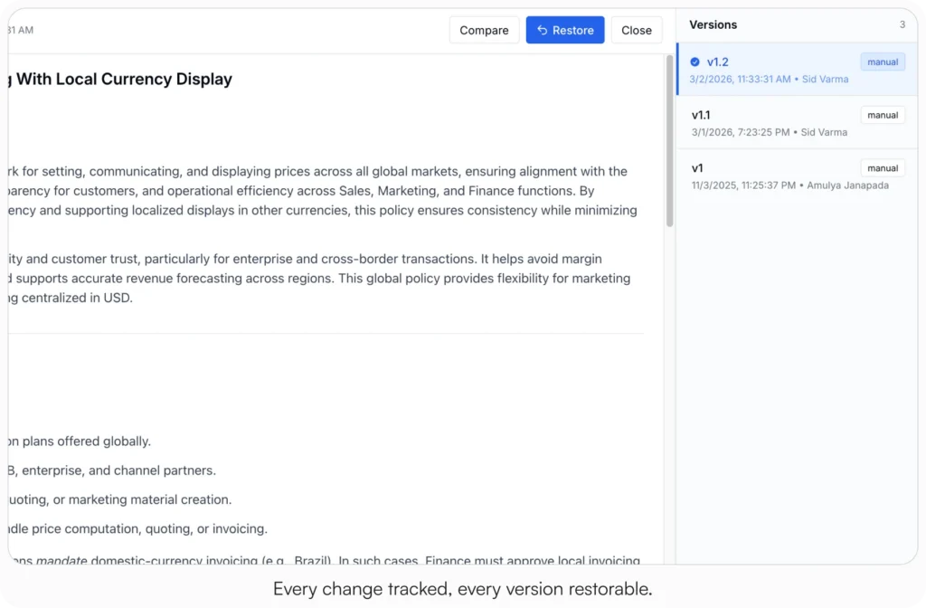 AllyMatter version history panel showing three versions of a pricing policy document with timestamps and author names